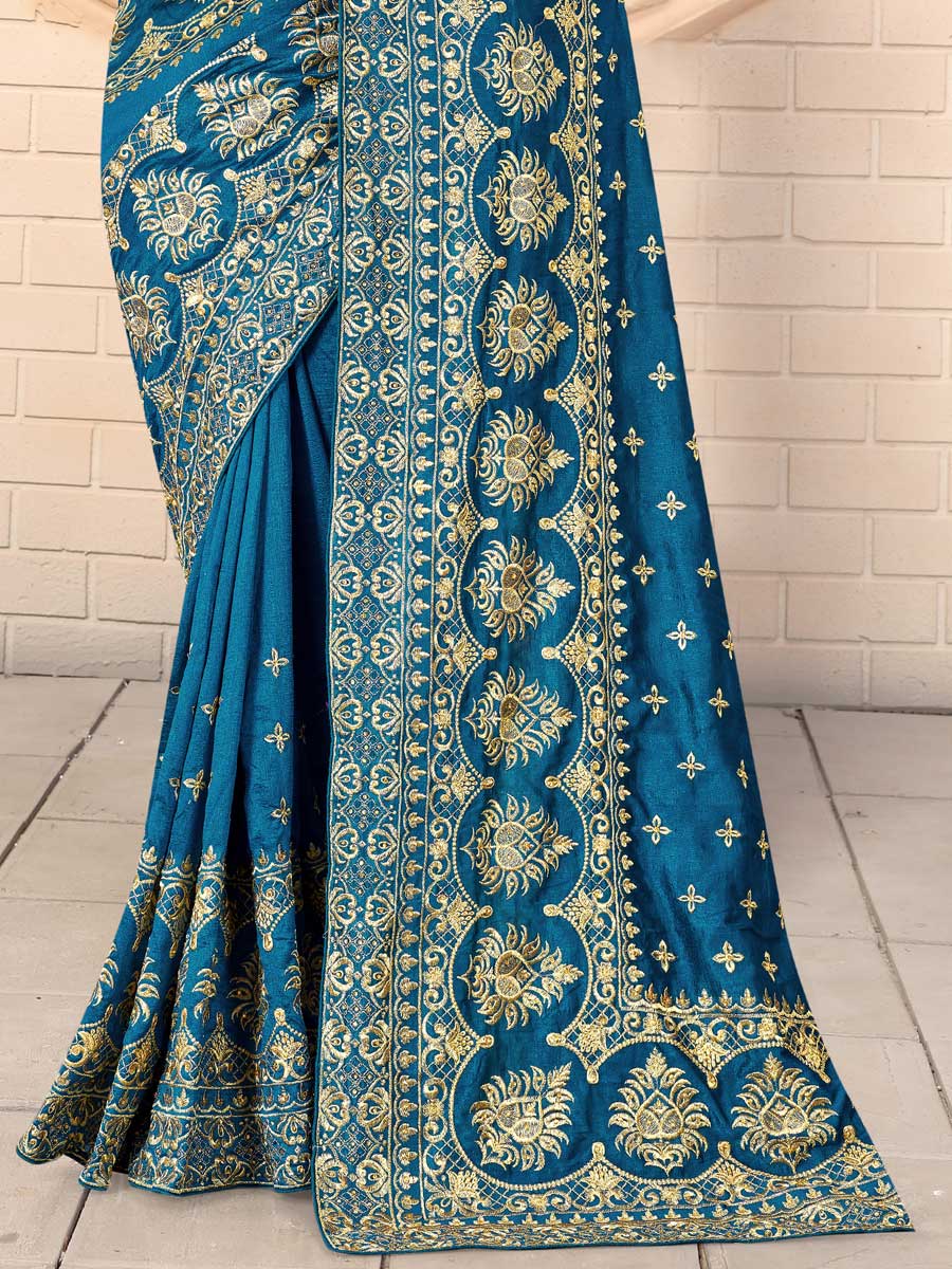 Cerulean Blue Vichitra Silk Embroidered Festival Saree