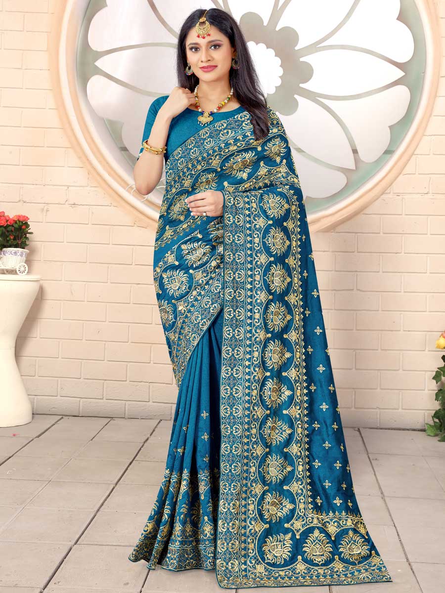Cerulean Blue Vichitra Silk Embroidered Festival Saree