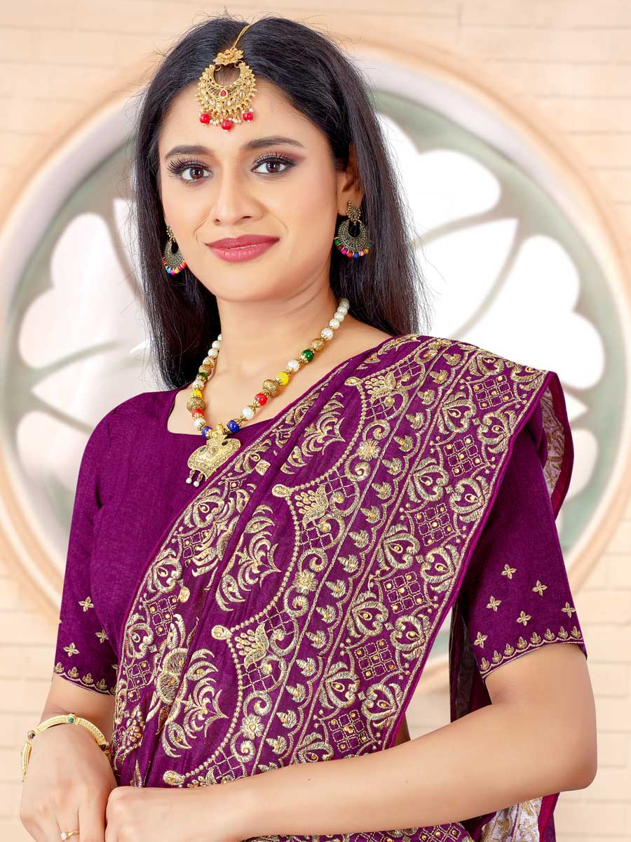 Purple Vichitra Silk Embroidered Festival Saree