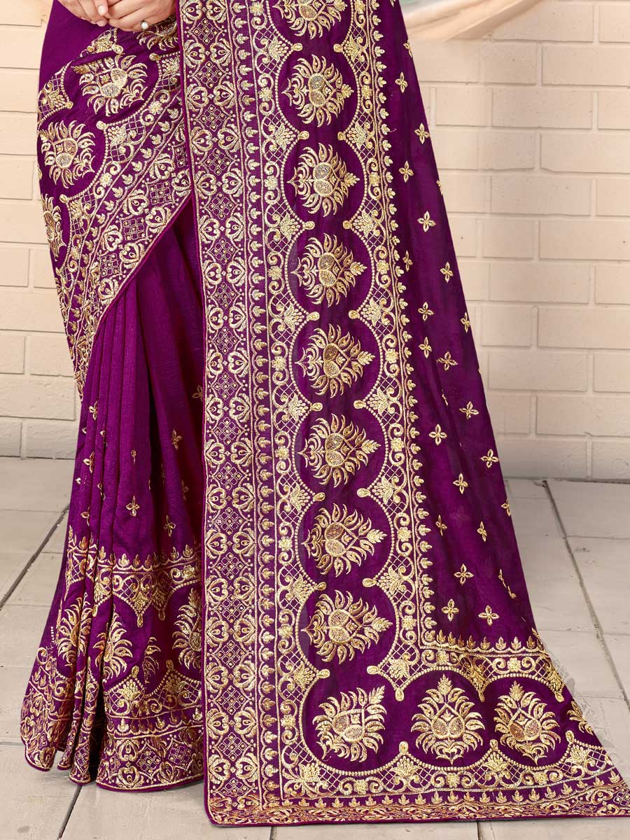 Purple Vichitra Silk Embroidered Festival Saree