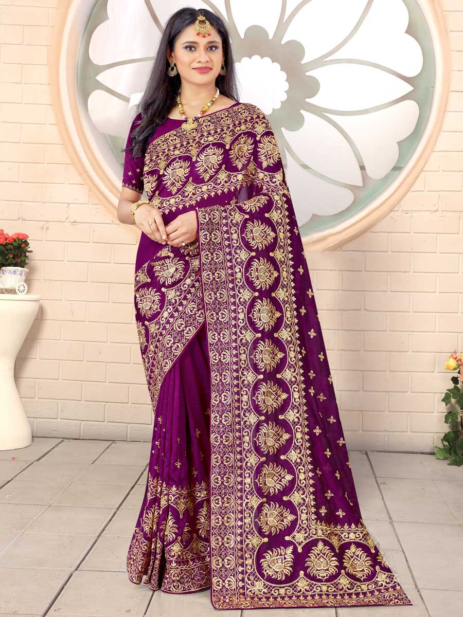 Purple Vichitra Silk Embroidered Festival Saree