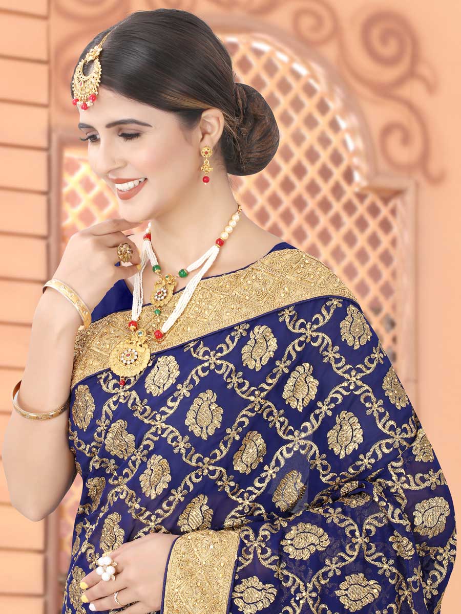 Navy Blue Faux Georgette Embroidered Party Saree