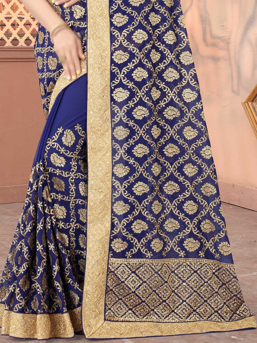 Navy Blue Faux Georgette Embroidered Party Saree