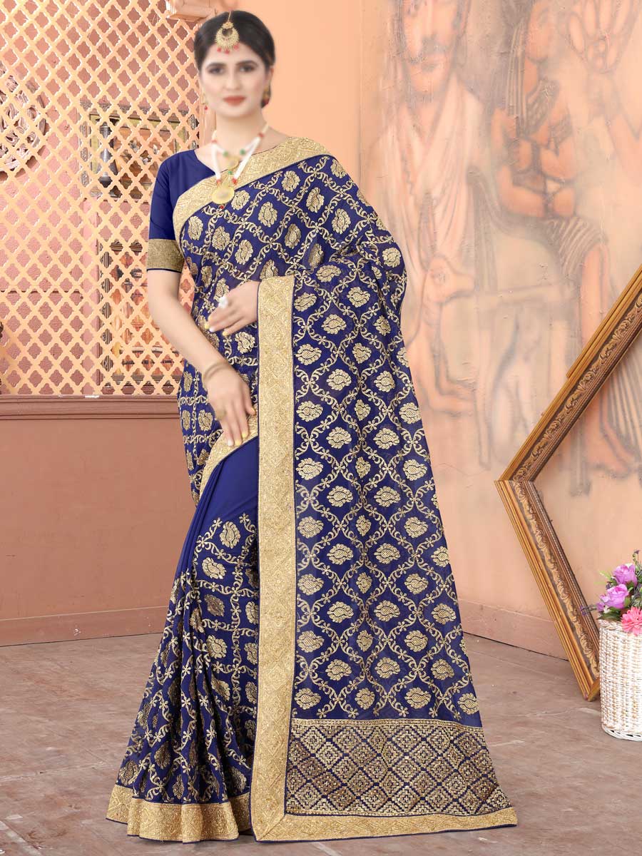 Navy Blue Faux Georgette Embroidered Party Saree