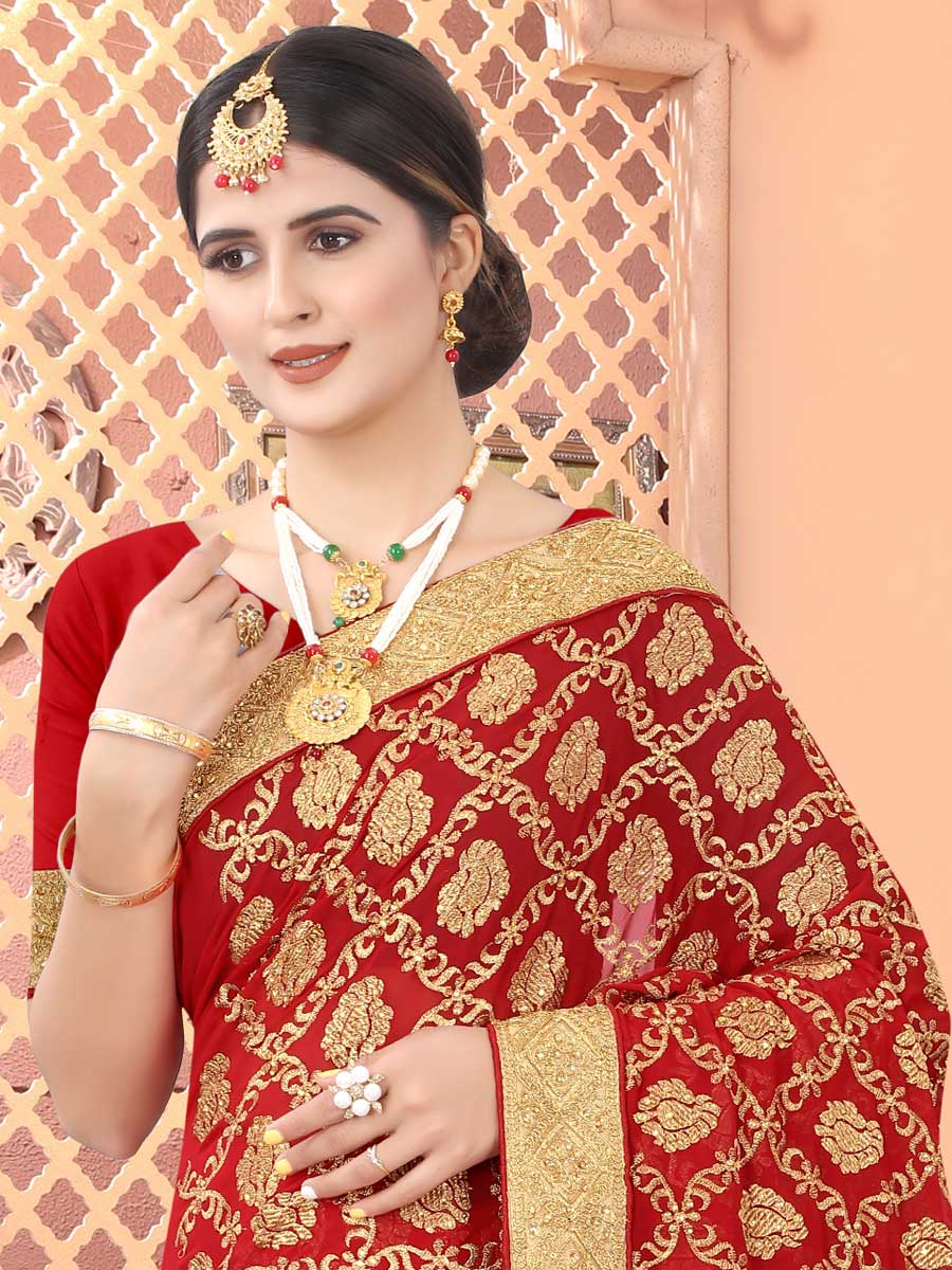 Venetian Red Faux Georgette Embroidered Party Saree