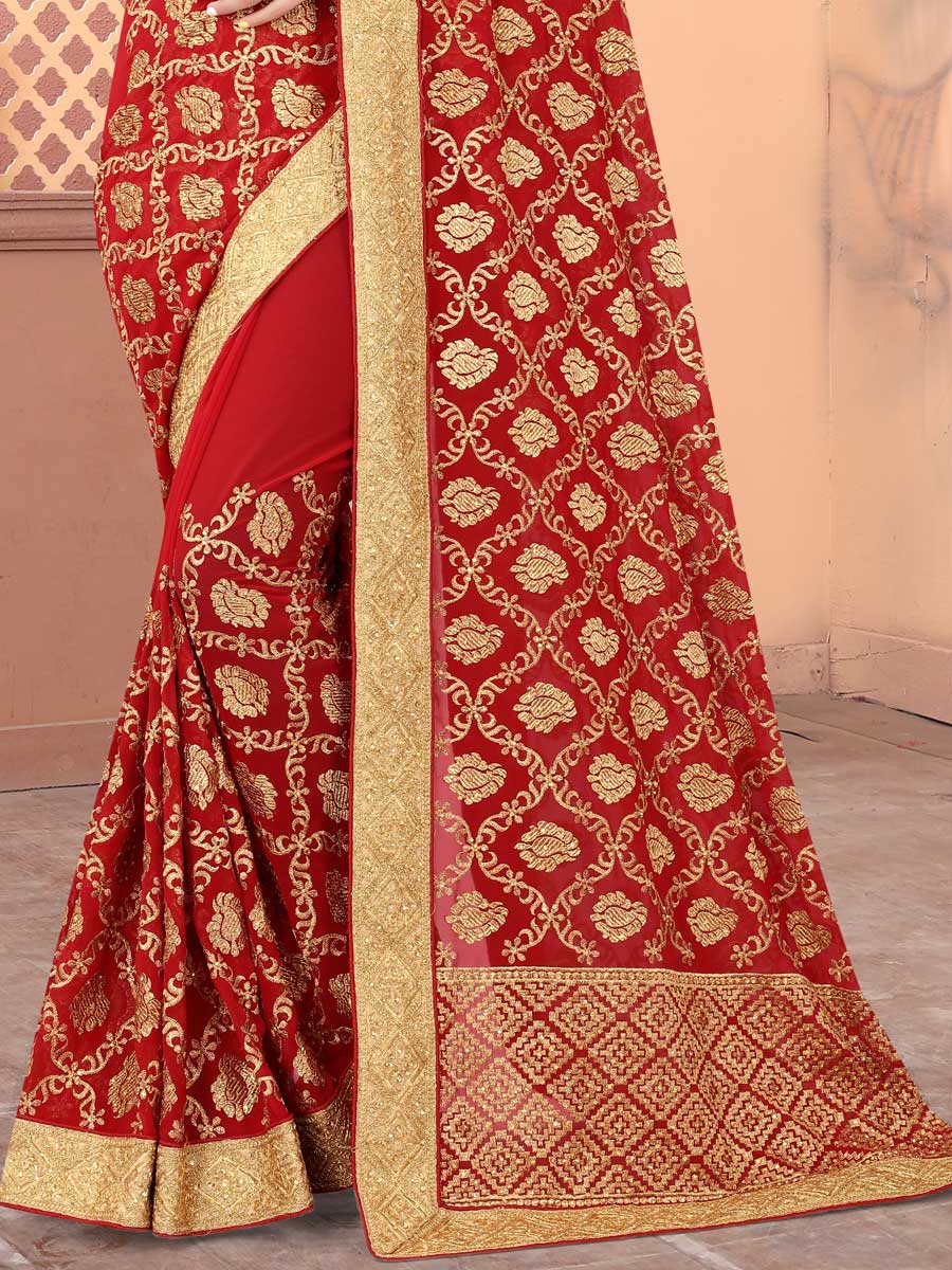 Venetian Red Faux Georgette Embroidered Party Saree