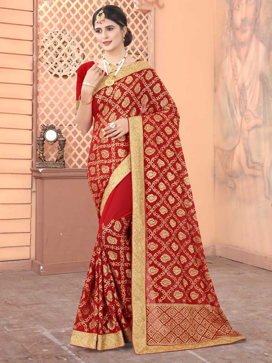 Venetian Red Faux Georgette Embroidered Party Saree