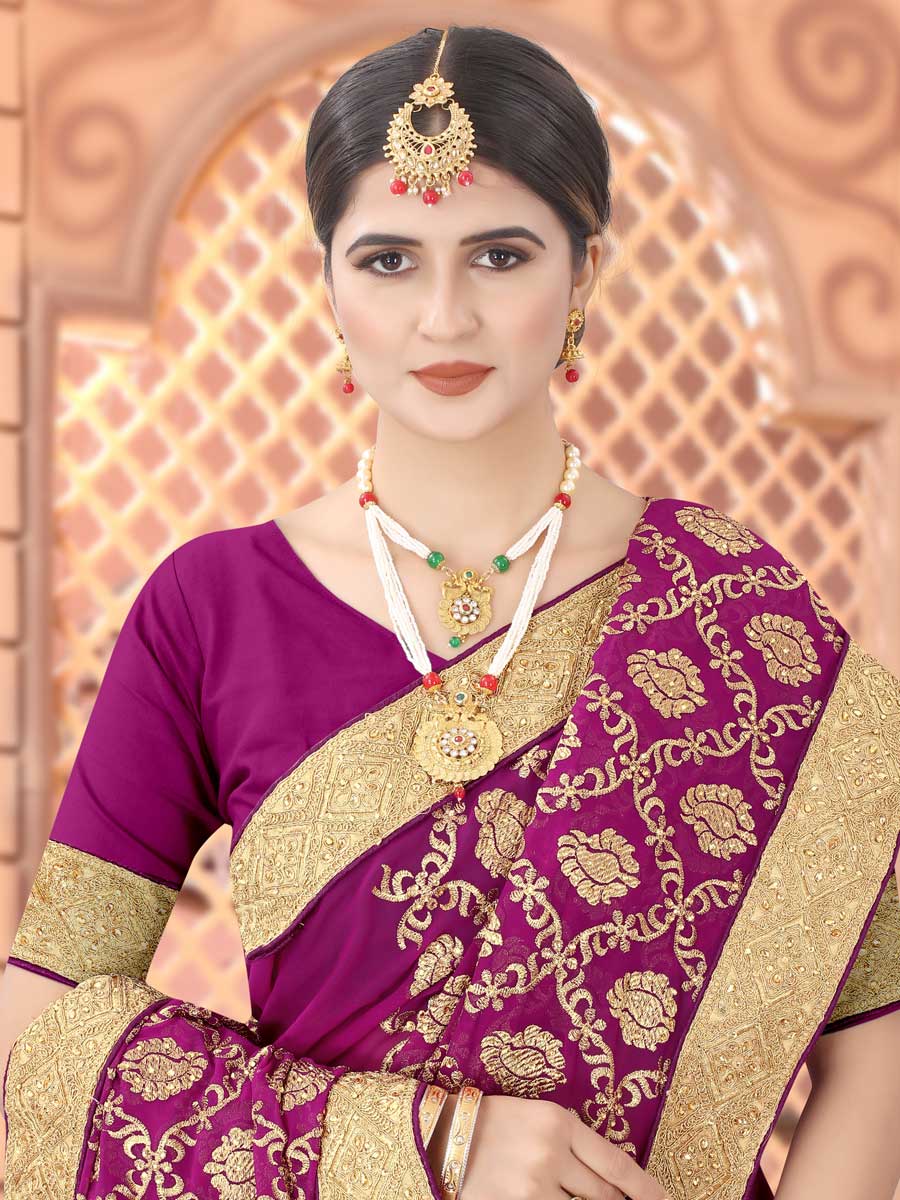 Wine Red Faux Georgette Embroidered Party Saree