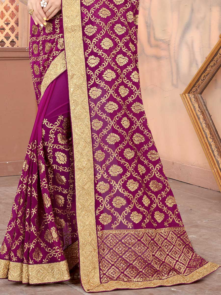 Wine Red Faux Georgette Embroidered Party Saree