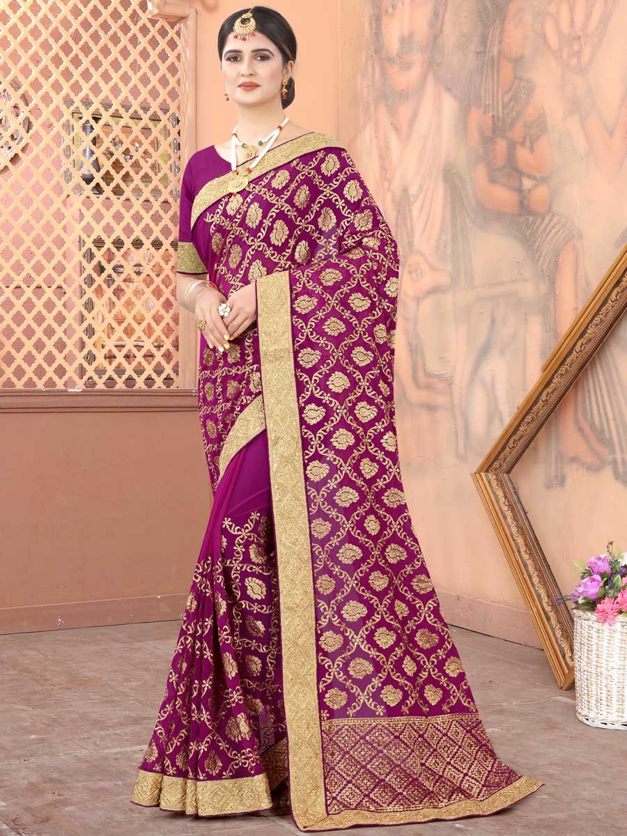 Wine Red Faux Georgette Embroidered Party Saree