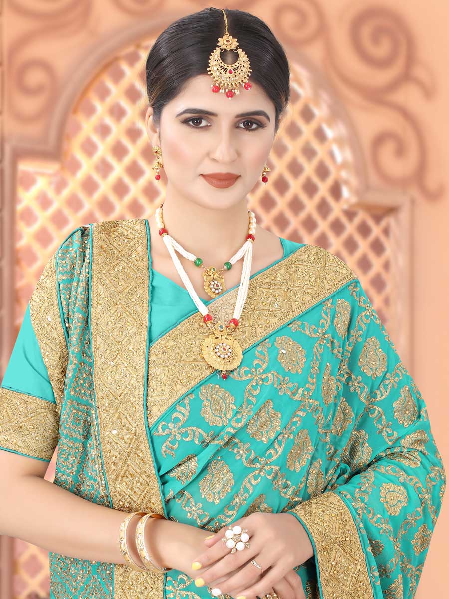 Sky Blue Faux Georgette Embroidered Party Saree