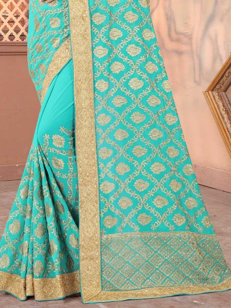 Sky Blue Faux Georgette Embroidered Party Saree