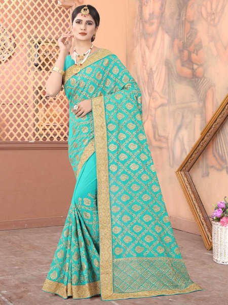 Sky Blue Faux Georgette Embroidered Party Saree