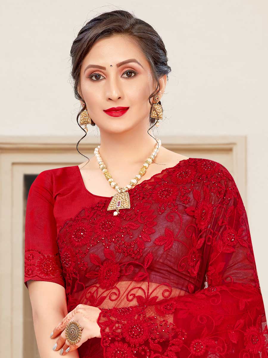 Venetian Red Net Embroidered Party Saree