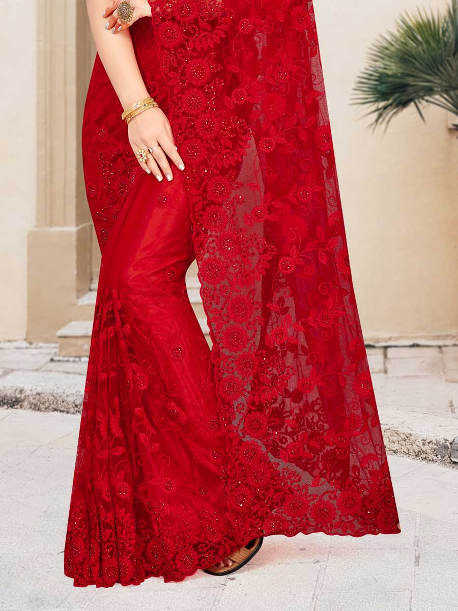 Venetian Red Net Embroidered Party Saree