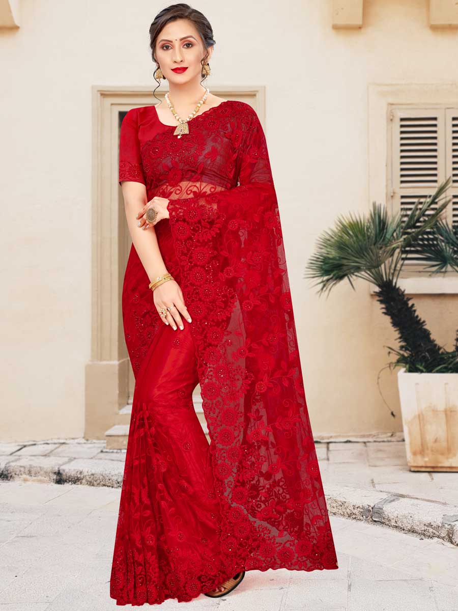 Venetian Red Net Embroidered Party Saree