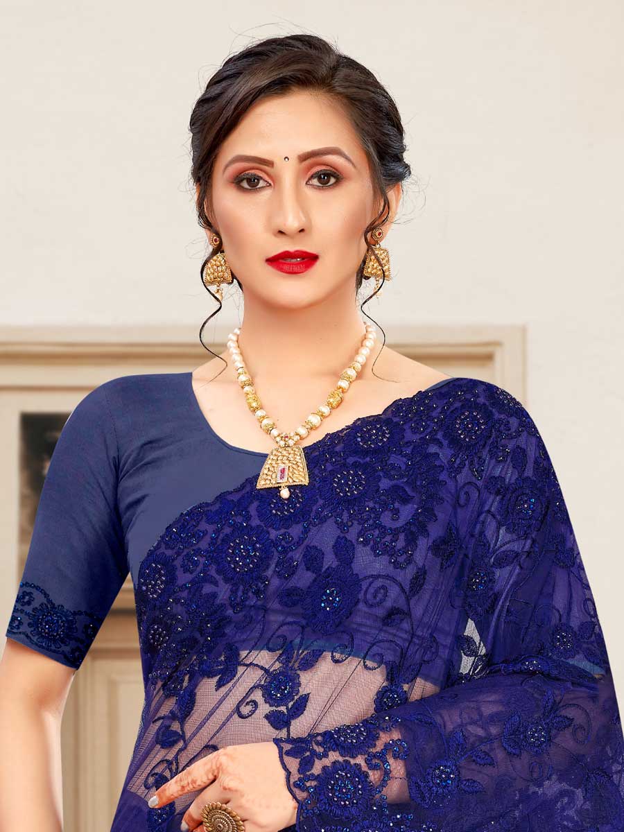 Navy Blue Net Embroidered Party Saree