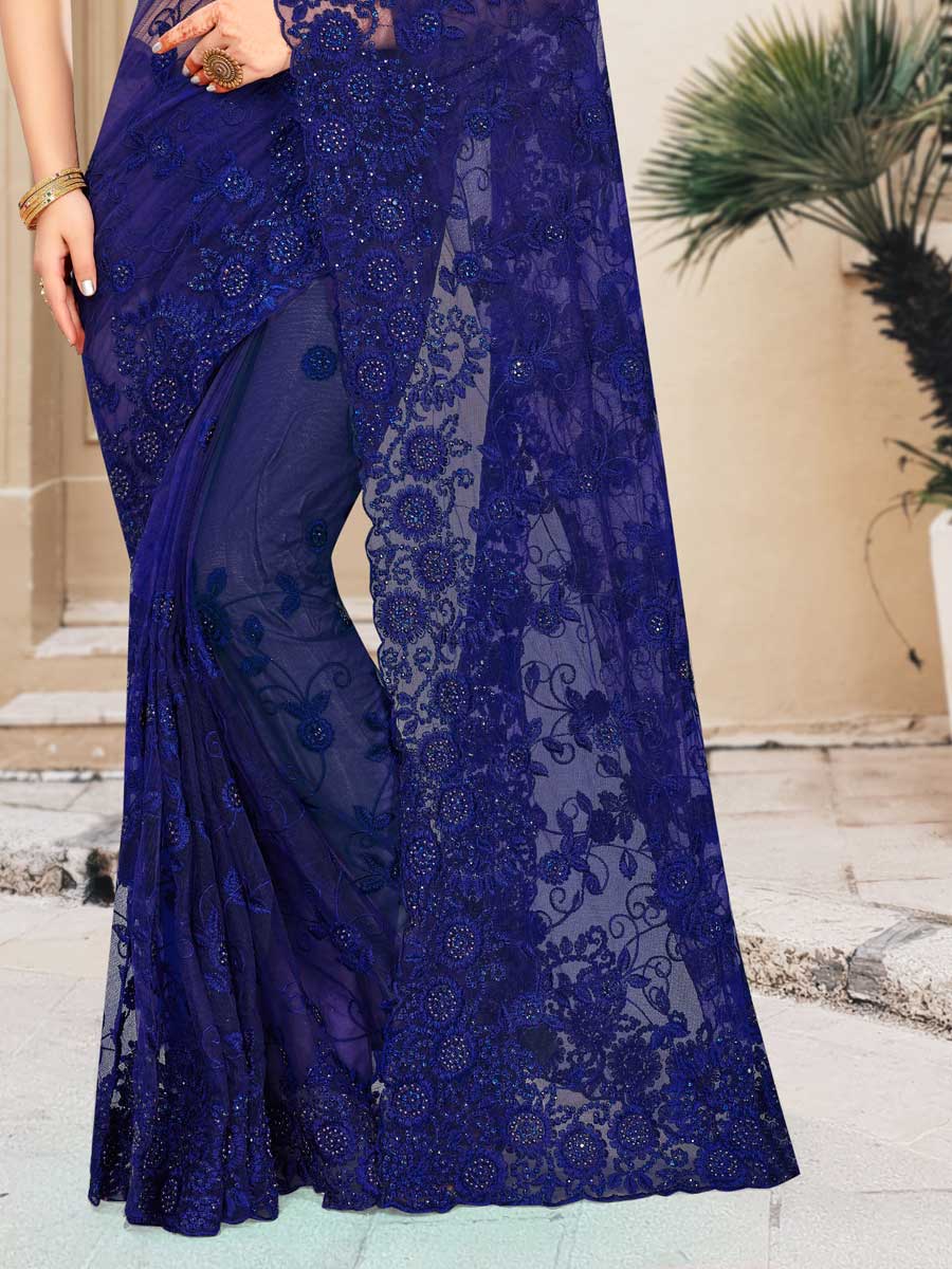 Navy Blue Net Embroidered Party Saree