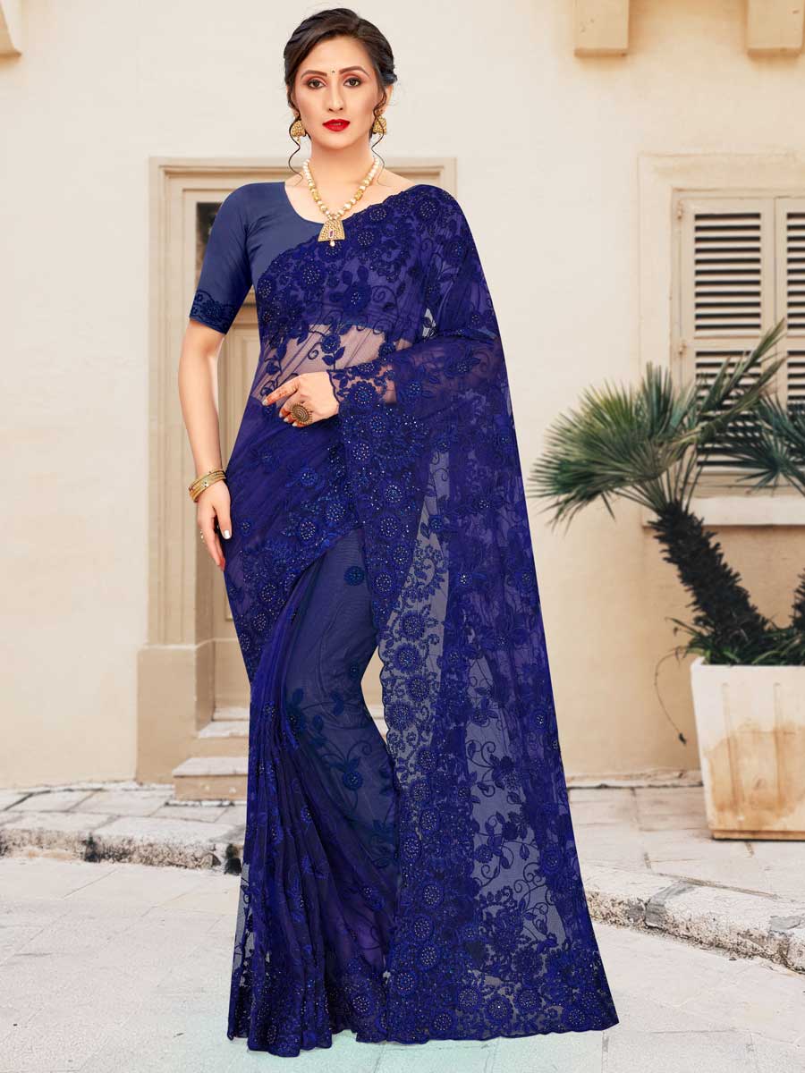 Navy Blue Net Embroidered Party Saree