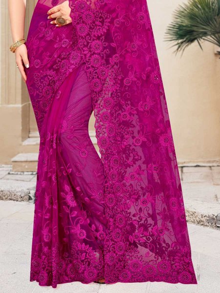 Wine Red Net Embroidered Party Saree