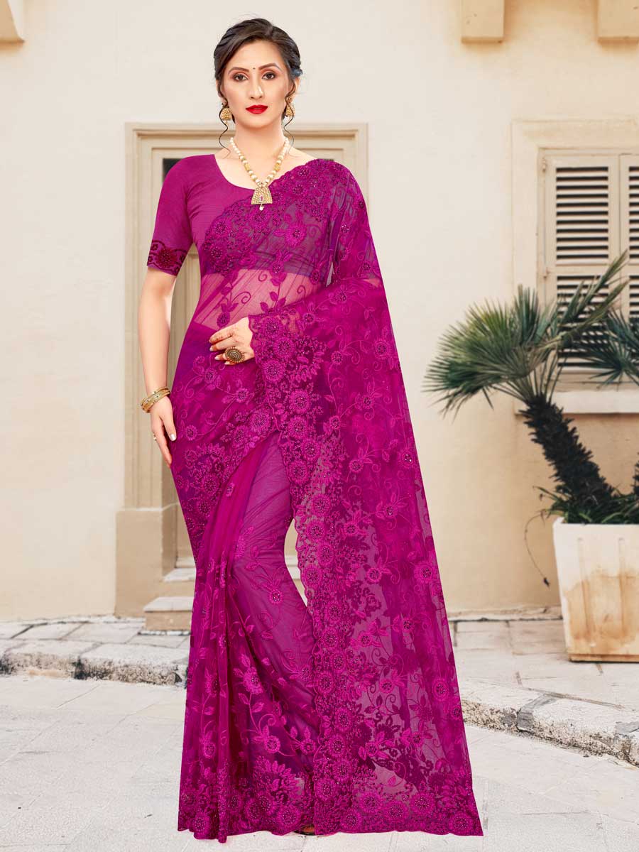 Wine Red Net Embroidered Party Saree