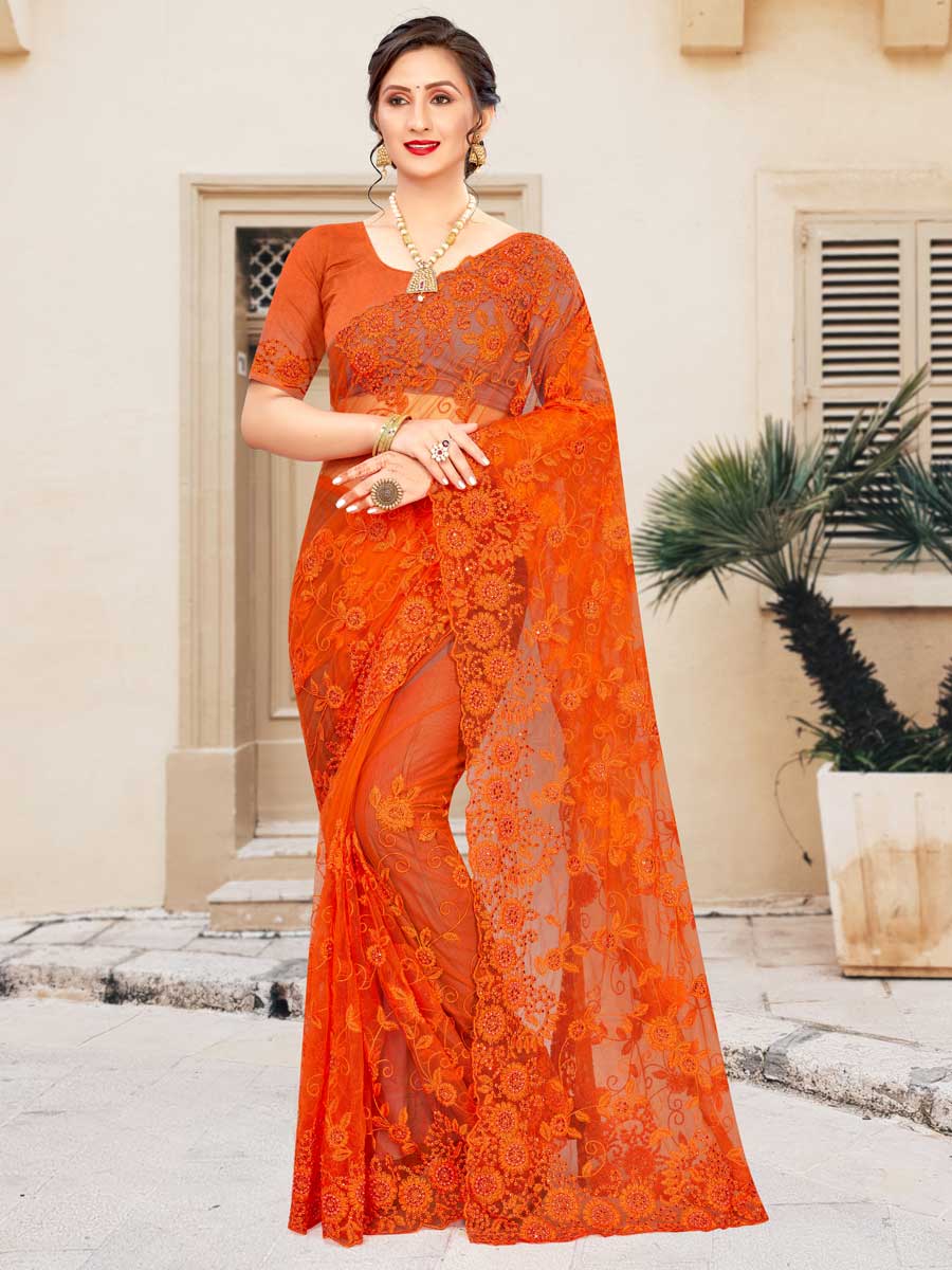 Pumpkin Orange Net Embroidered Party Saree