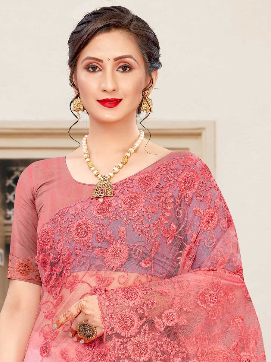 Salmon Pink Net Embroidered Party Saree