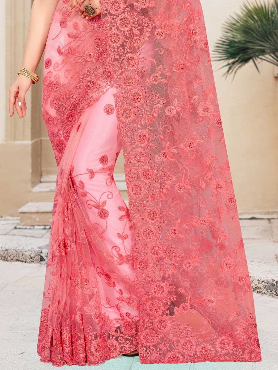 Salmon Pink Net Embroidered Party Saree