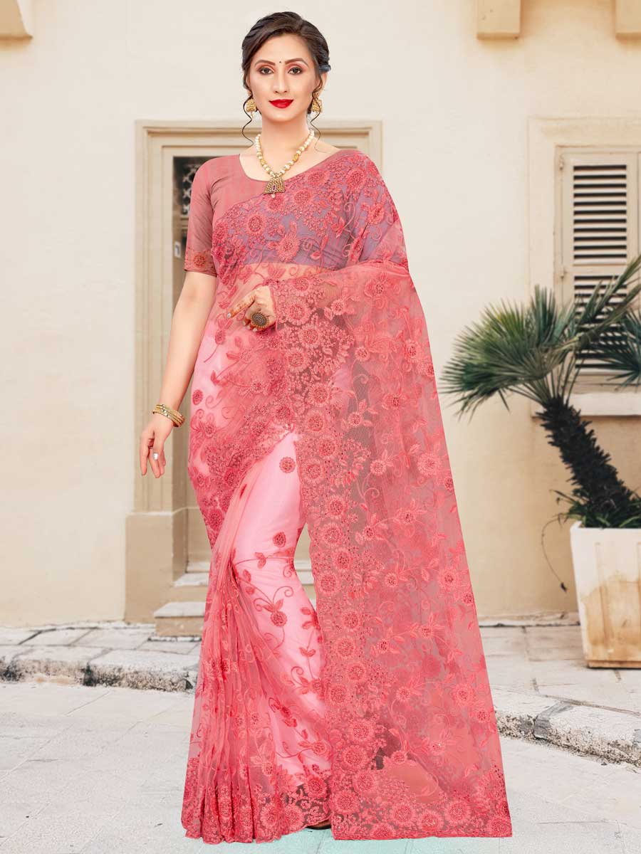 Salmon Pink Net Embroidered Party Saree