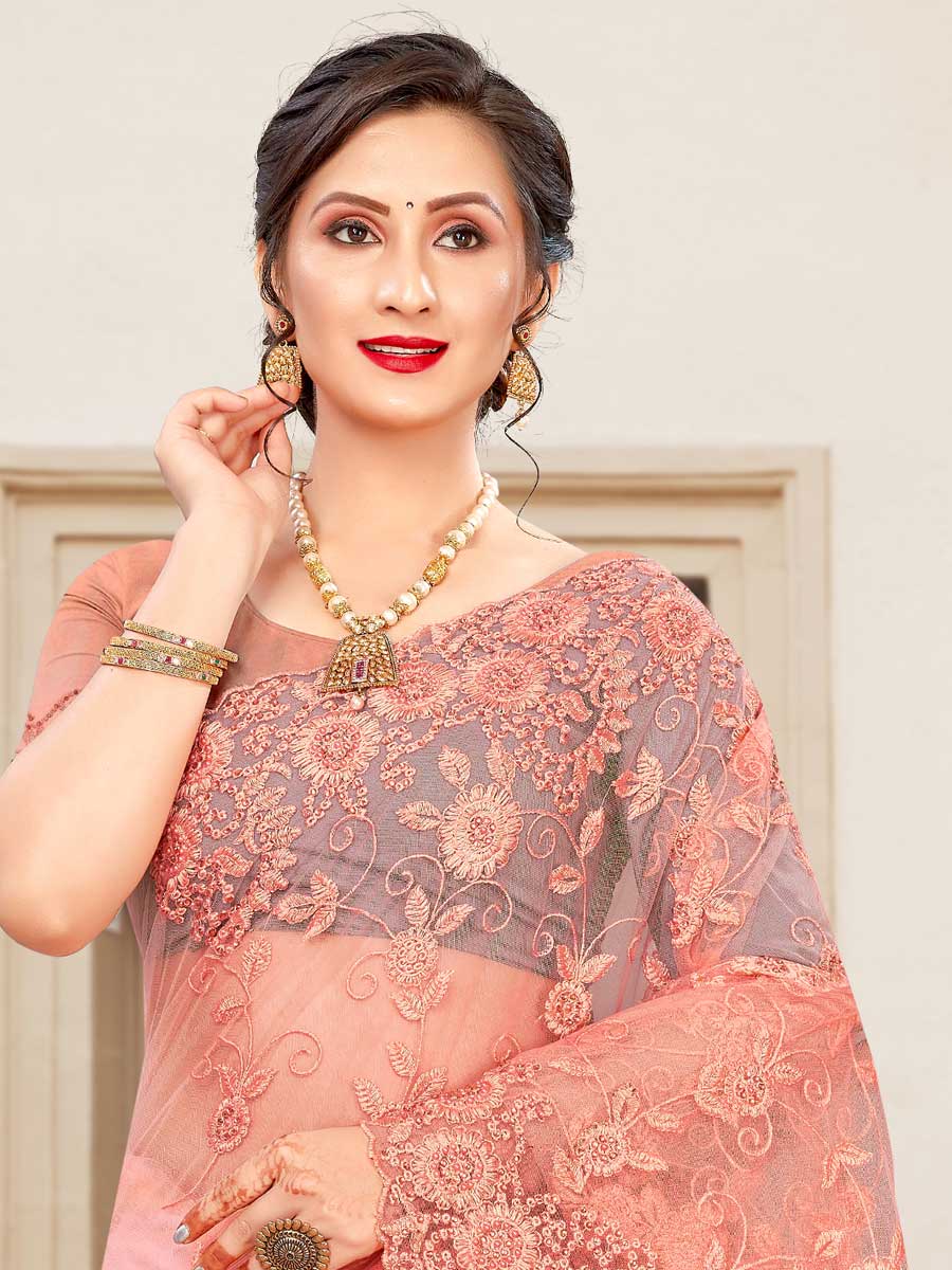 Coral Pink Net Embroidered Party Saree