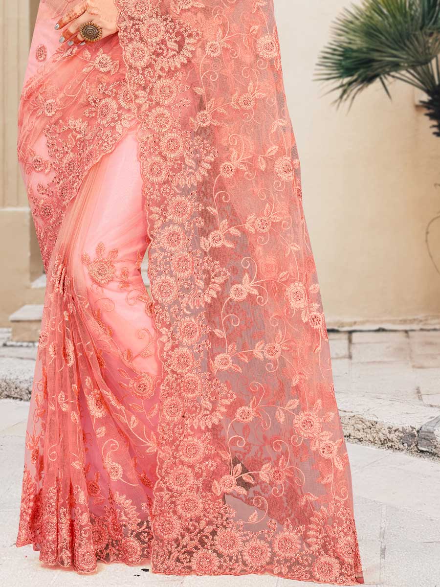 Coral Pink Net Embroidered Party Saree