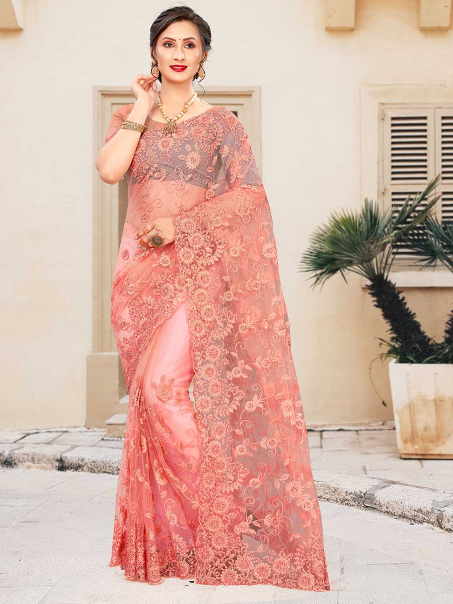 Coral Pink Net Embroidered Party Saree
