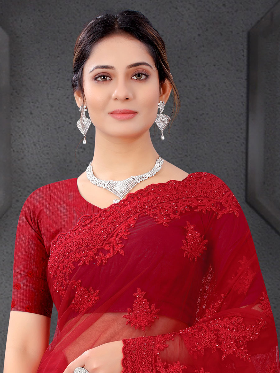 Red Net Embroidered Party Saree