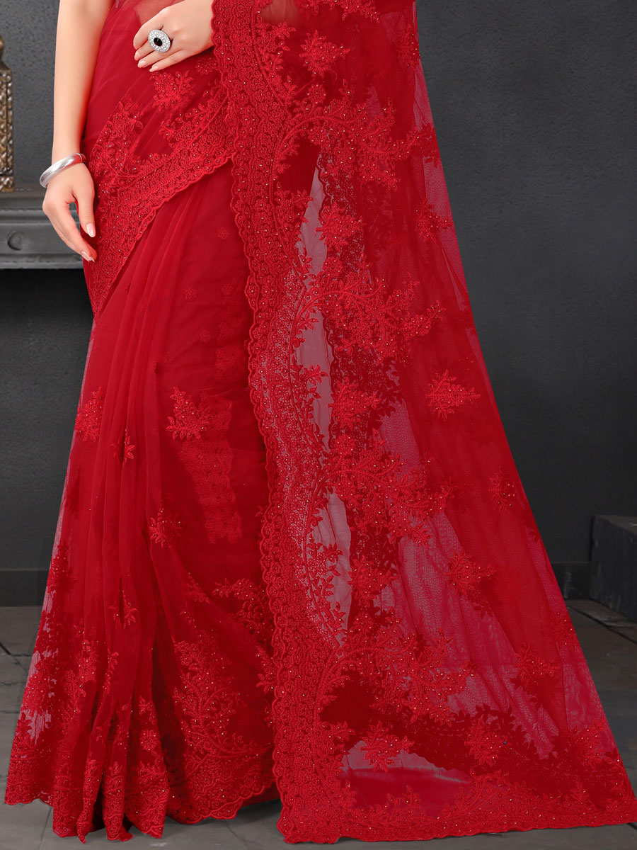 Red Net Embroidered Party Saree