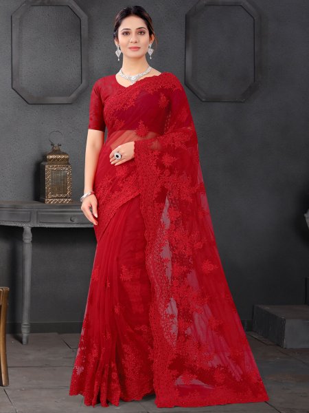 Red Net Embroidered Party Saree