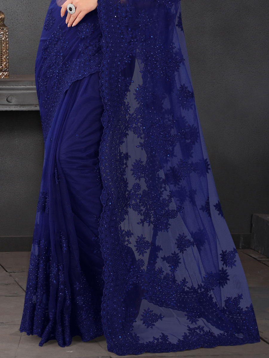 Navy Blue Net Embroidered Party Saree