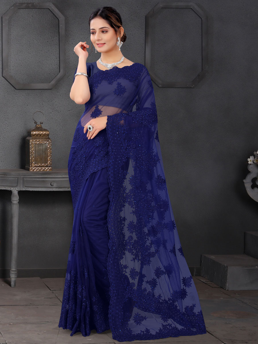 Navy Blue Net Embroidered Party Saree