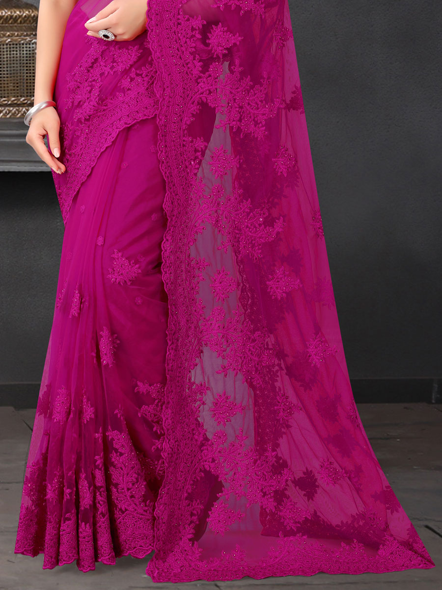 Persian Rose Pink Net Embroidered Party Saree