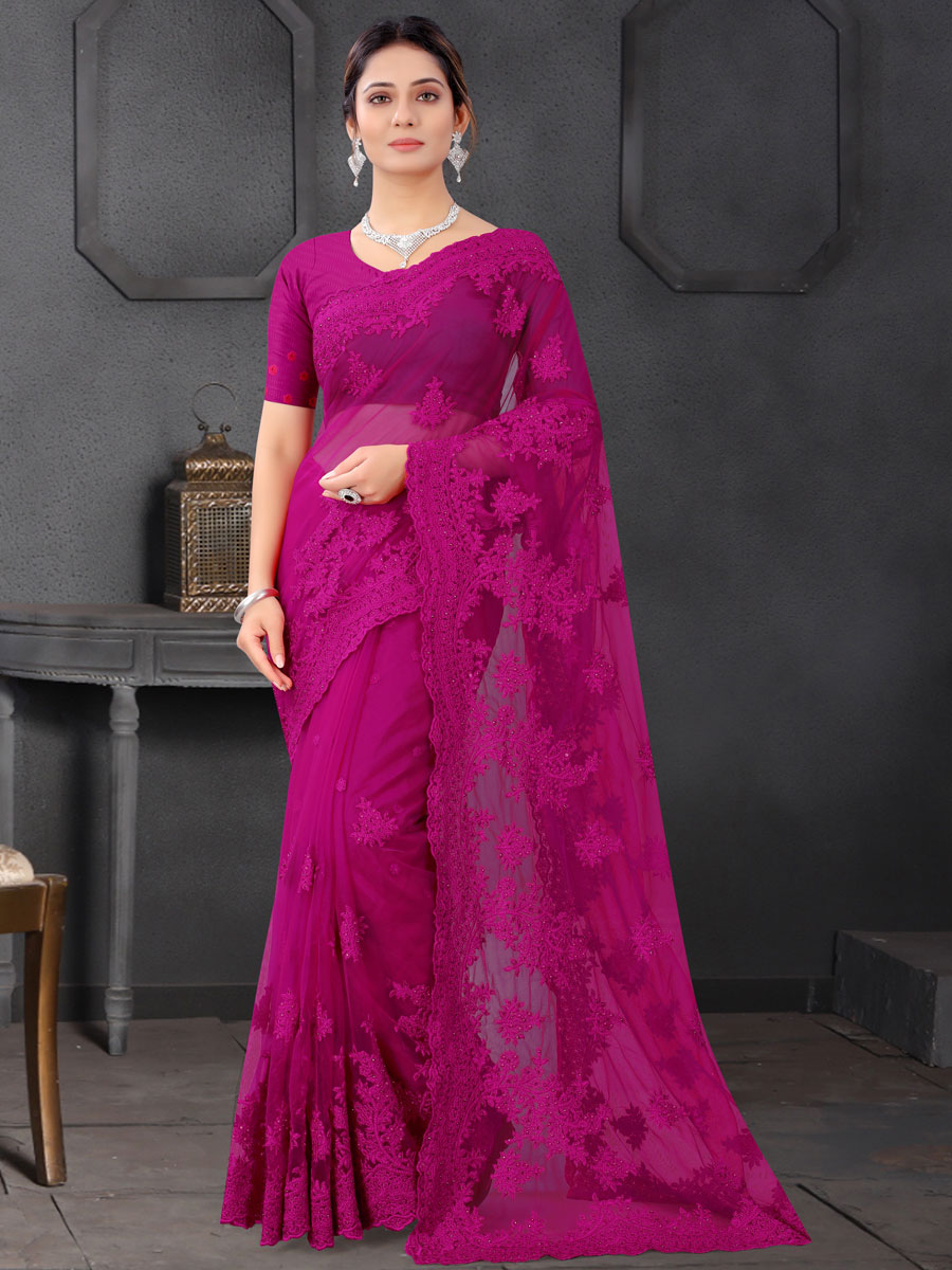 Persian Rose Pink Net Embroidered Party Saree