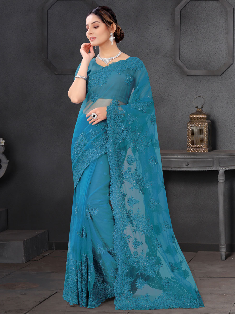 Steel Blue Net Embroidered Party Saree