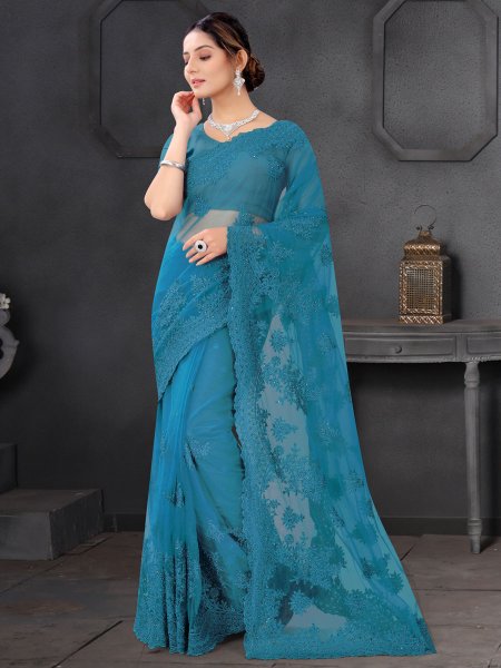 Steel Blue Net Embroidered Party Saree