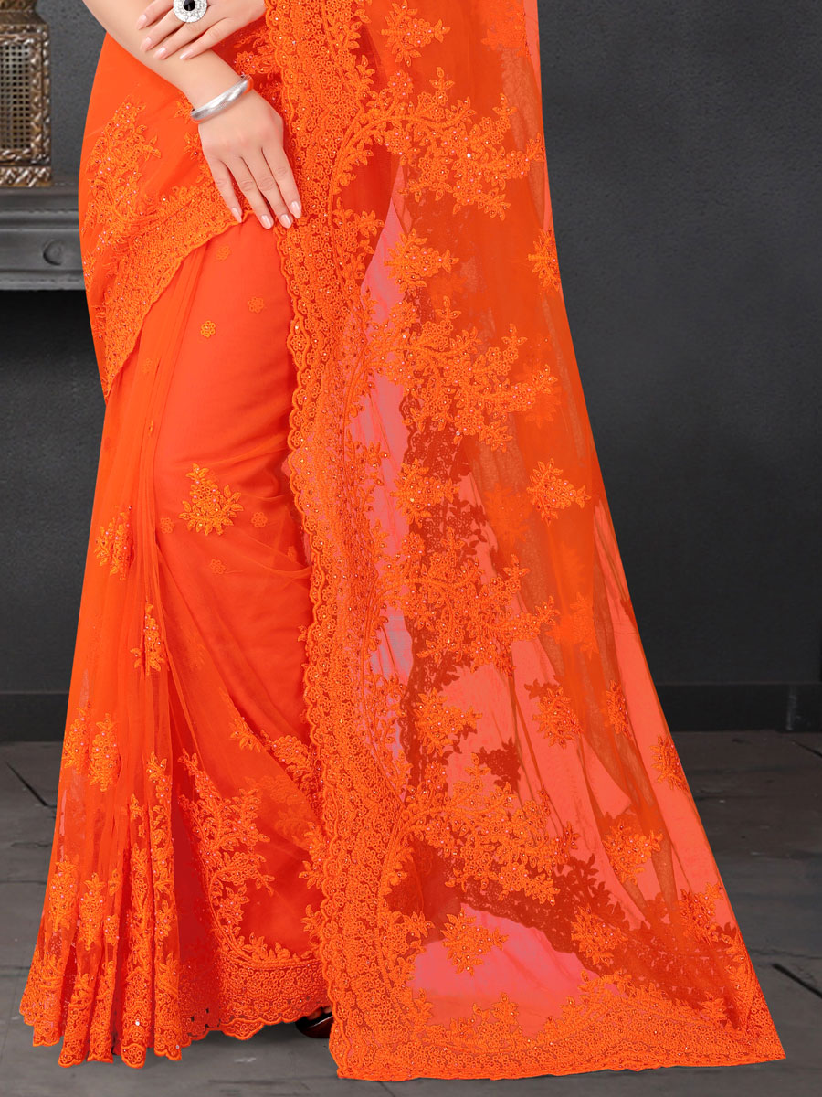Orange Net Embroidered Party Saree