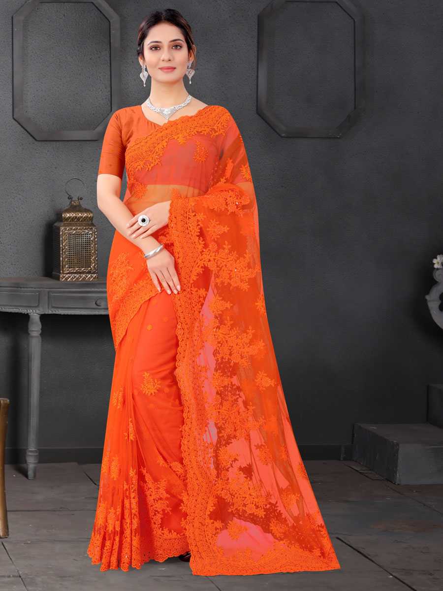 Orange Net Embroidered Party Saree