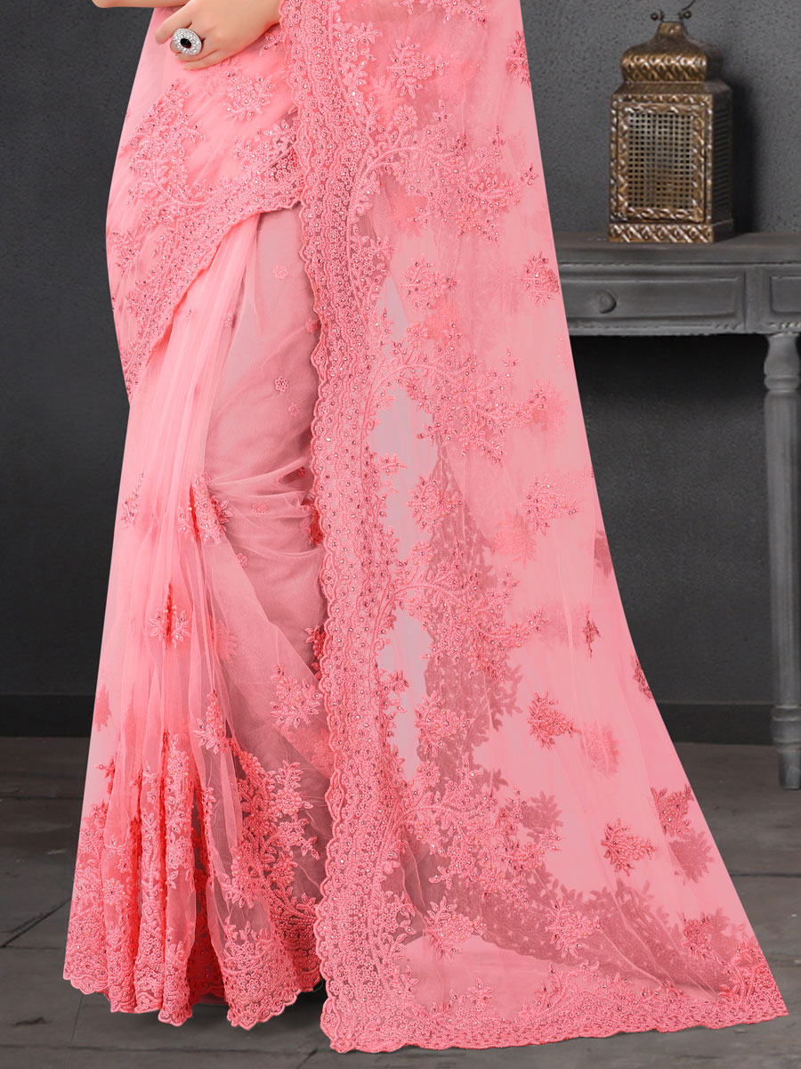 Lavender Pink Net Embroidered Party Saree