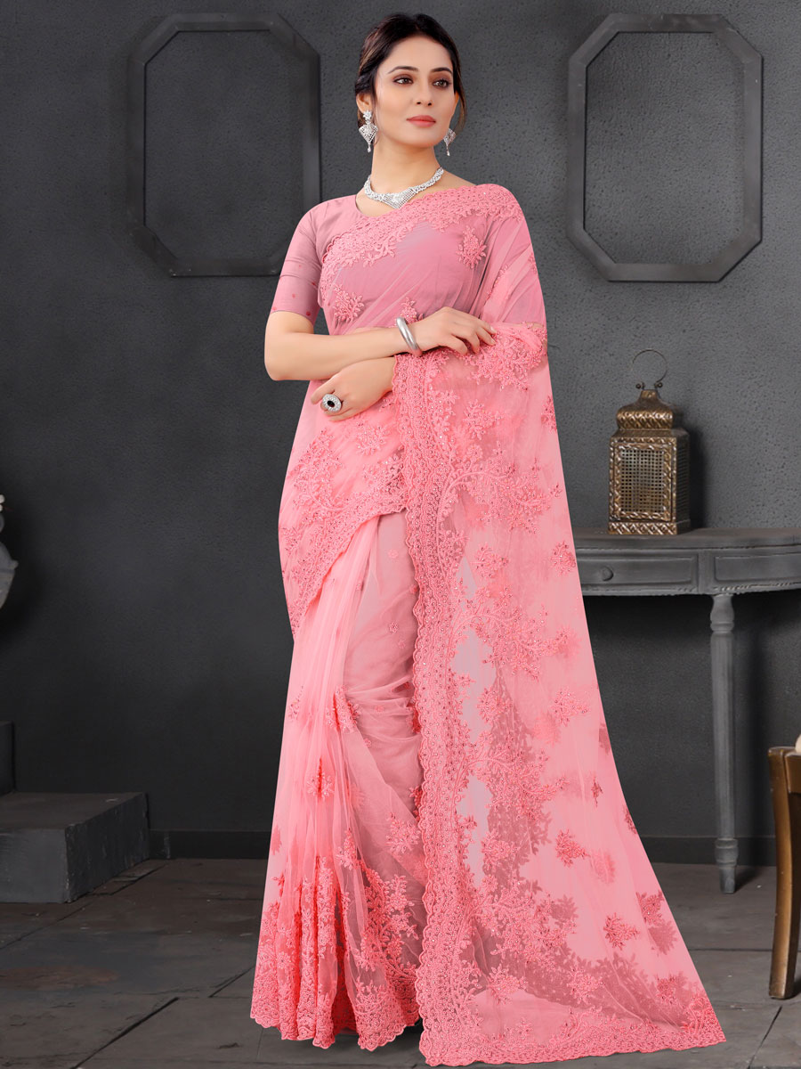 Lavender Pink Net Embroidered Party Saree