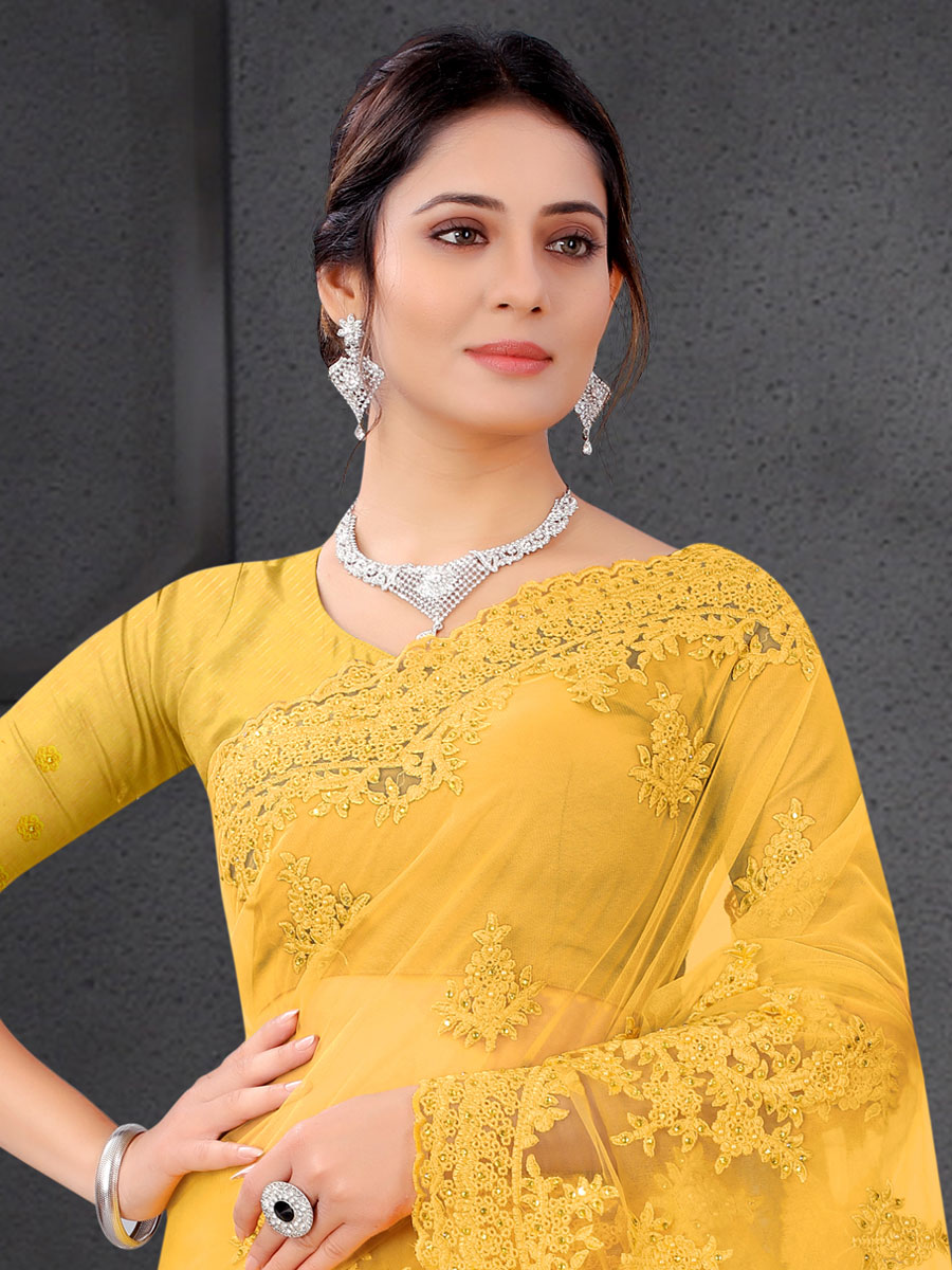Jonquil Yellow Net Embroidered Party Saree