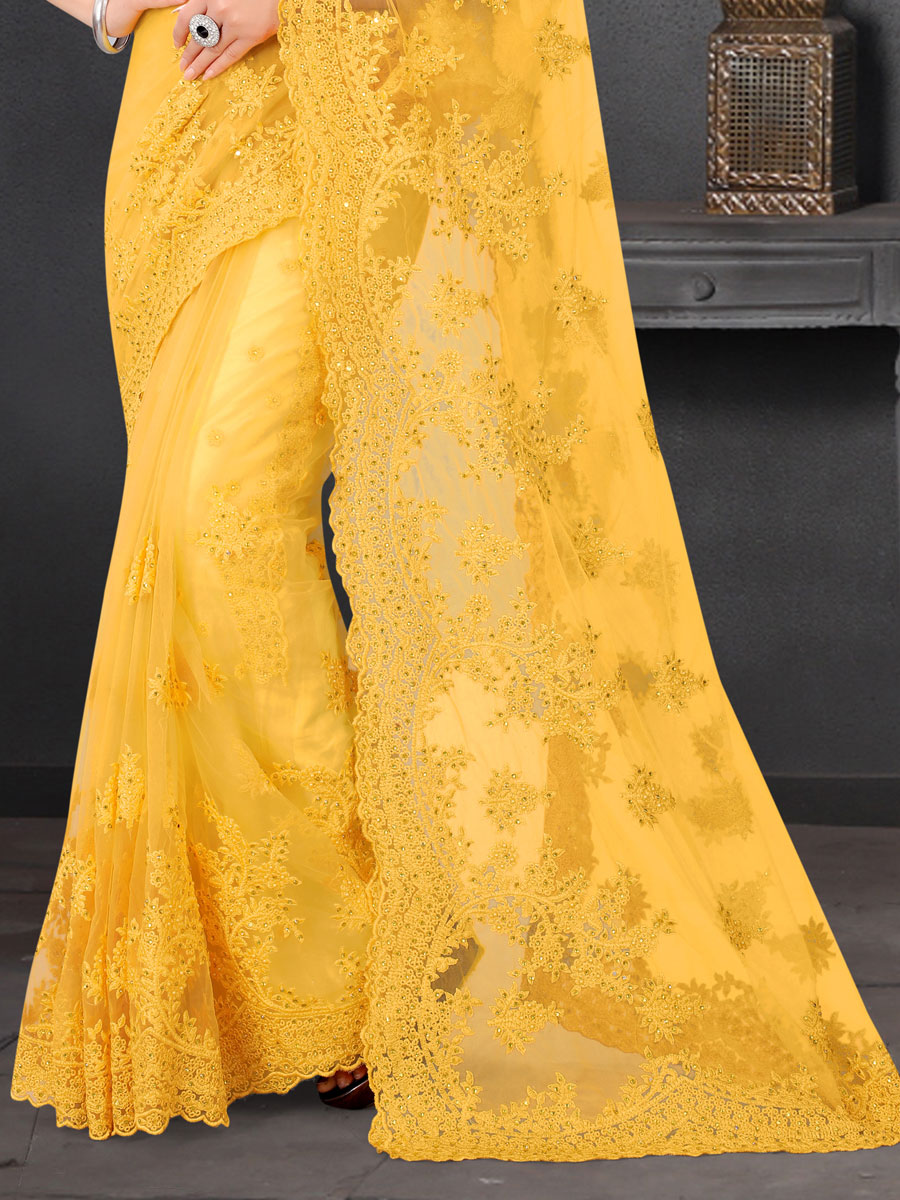 Jonquil Yellow Net Embroidered Party Saree