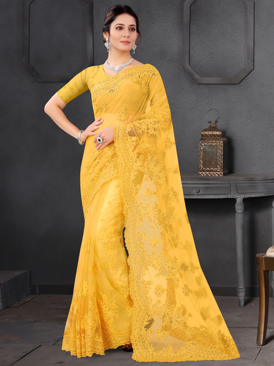 Jonquil Yellow Net Embroidered Party Saree
