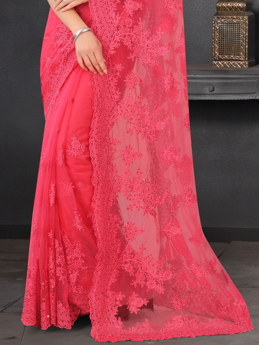 Magenta Red Net Embroidered Party Saree