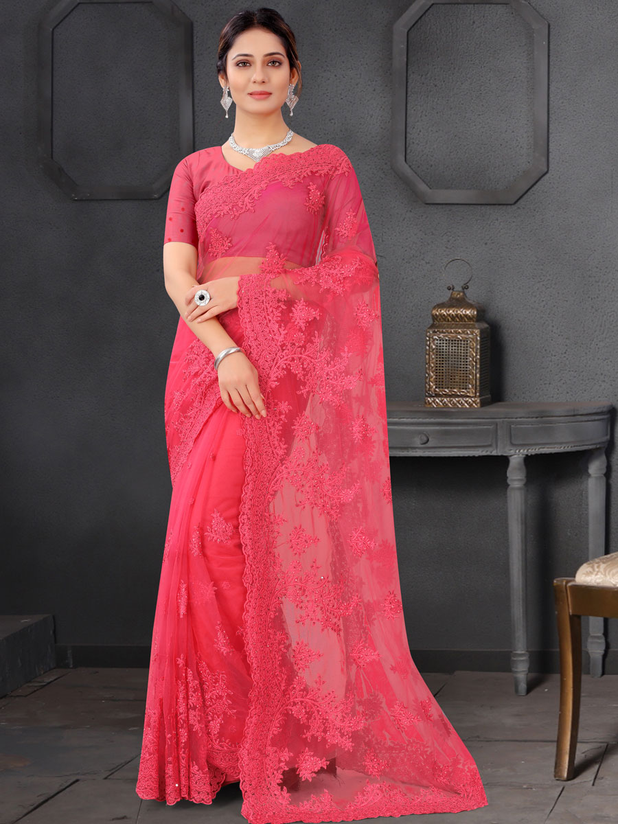 Magenta Red Net Embroidered Party Saree